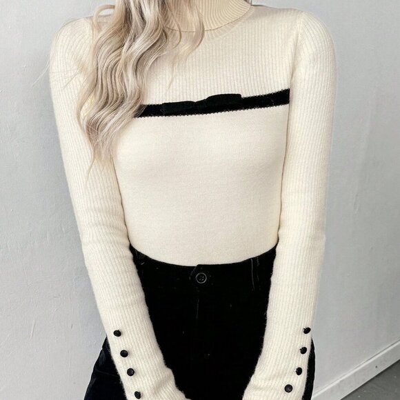 Beige Casual Women's Turtleneck Ruffled Button Long Sleeve Knit Sweater With Bow - Picture 5 of 8